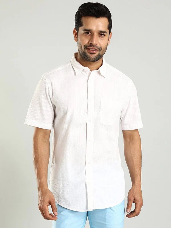 Indian Terrain Men's Regular Fit Half Sleeve Striped White Shirt Indian Terrain Men's Regular Fit Half Sleeve Striped White Shirt